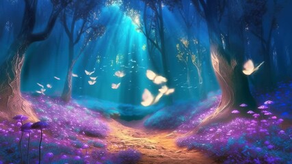Mystical forest scene with sunlight rays, glowing butterflies, purple mushrooms, twisted trees creating magical woodland pathway