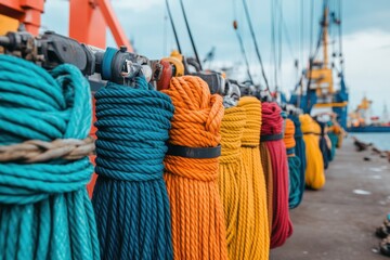 Obraz premium Colorful ropes arranged neatly at a busy harbor with fishing vessels and equipment in the background