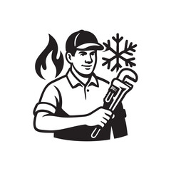 worker holding pipe wrench, home service and plumbing logo