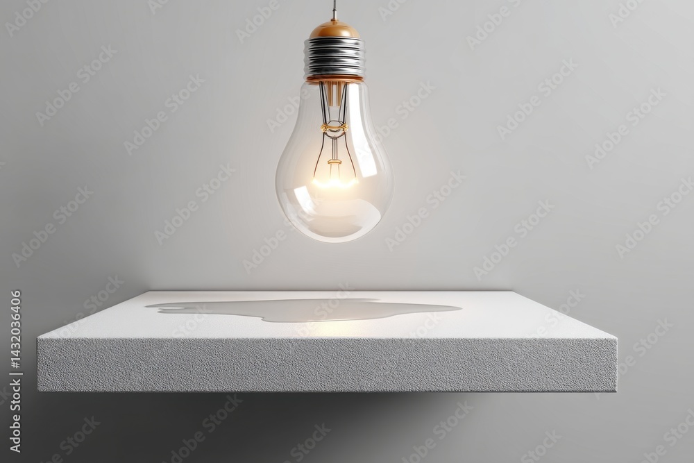 Poster an illuminated lightbulb casting a soft glow and its reflection on a gray surface, creating a modern
