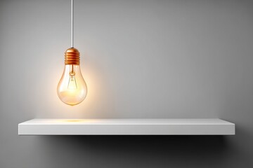 A bright glowing vintage light bulb hanging above a white shelf against gray background, creating a modern and minimalist presentation for product placement.
