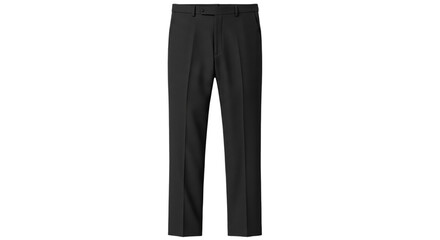 A pair of black dress pants are displayed against a dark background in a well lit studio setting view