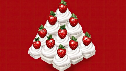 Whipped Cream and Strawberry Christmas Tree Dessert on Red Background