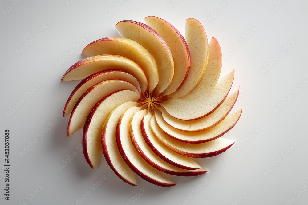 Poster a visually appealing spiral design made of fresh apple slices arranged on a white surface, showcasin