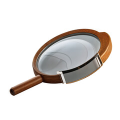 A magnifying glass with a golden rim and a wooden handle is placed on a white background, showcasing a classic design with a reflective lens.
