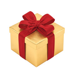 Fototapeta premium Isolated festive gold gift box wrapped in red velvet ribbon perfect for holiday concepts and celebrations