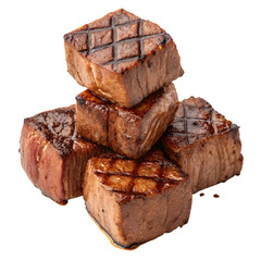 Stack of grilled beef cubes with charred edges and rich brown sear marks, juicy and cooked to perfection, isolated on transparent background.