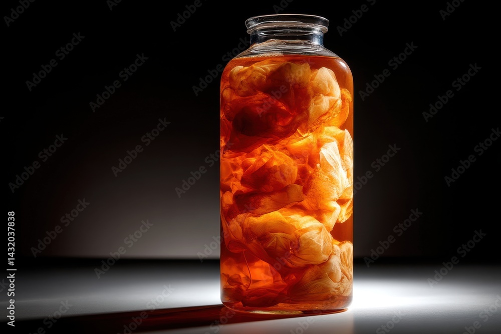 Poster dramatic close-up of a glass bottle with liquid containing floating objects in dark, with light shin