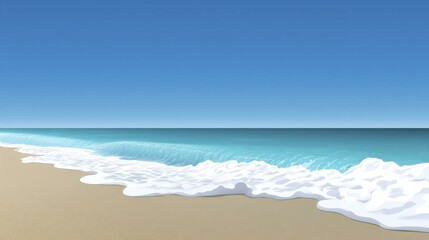 Fototapeta premium Tranquil ocean wave washing onto a tan sandy beach under a clear blue sky creating a calming coastal scene.