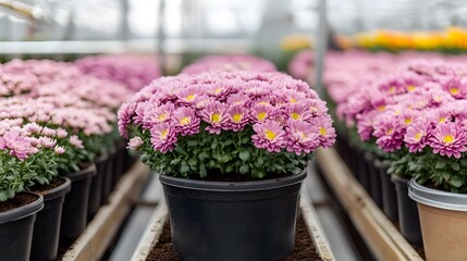 Vibrant Pink Chrysanthemum Flowers in Pots Greenhouse