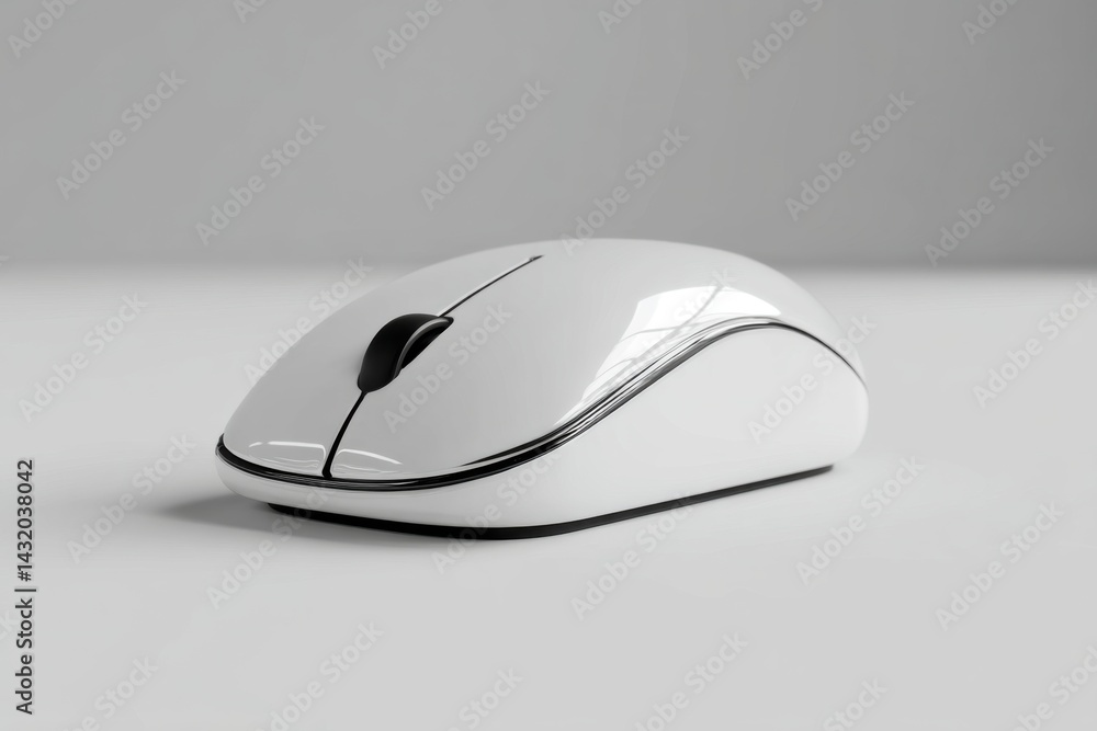 Poster a sleek white wireless computer mouse with a glossy finish, resting on a neutral grey background, sh
