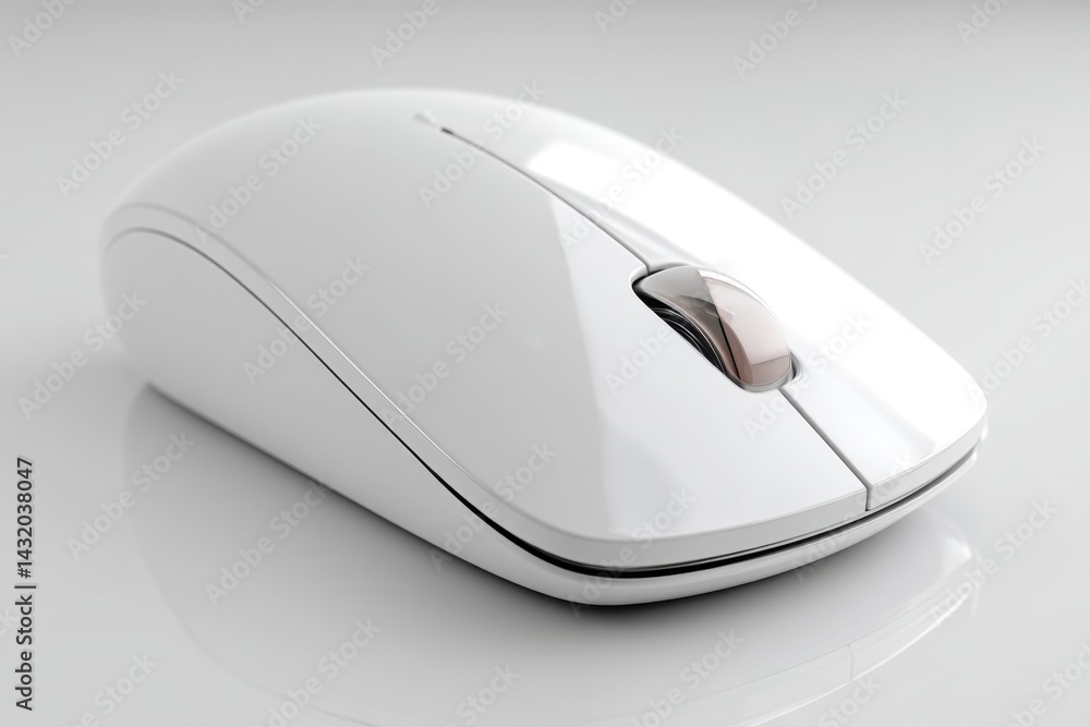 Poster a sleek white wireless computer mouse resting on a reflective white surface, featuring smooth curves