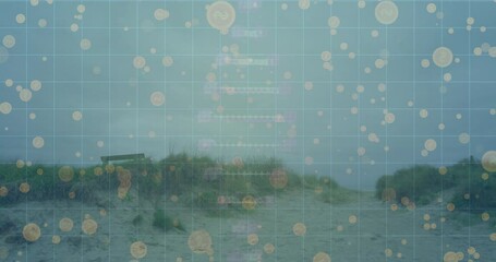 Finance digital grid overlay being visualized over sandy dune path, featuring floating coin icons - Powered by Adobe