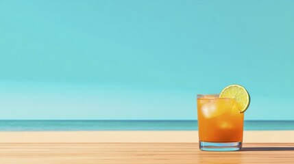 Obraz premium Refreshing Orange Drink with Lime on Wooden Table at Beach with Turquoise Sea and Sky Background