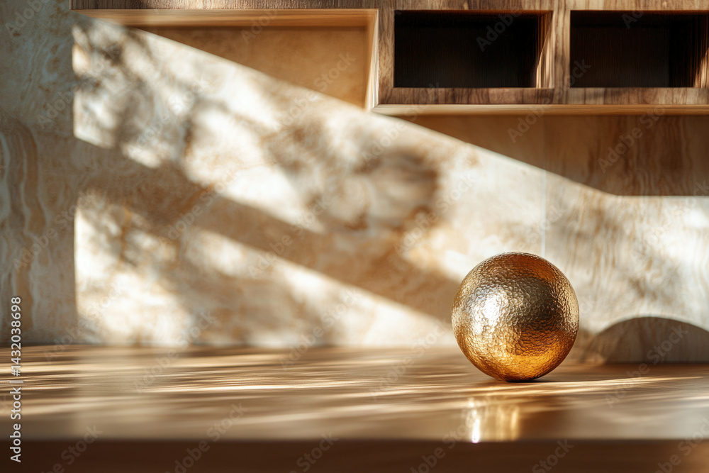 Poster a golden sphere rests on a wooden surface, bathed in sunlight filtering through a patterned wall.