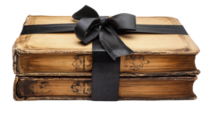 Old leather bound book wrapped with black ribbon on a transparent background