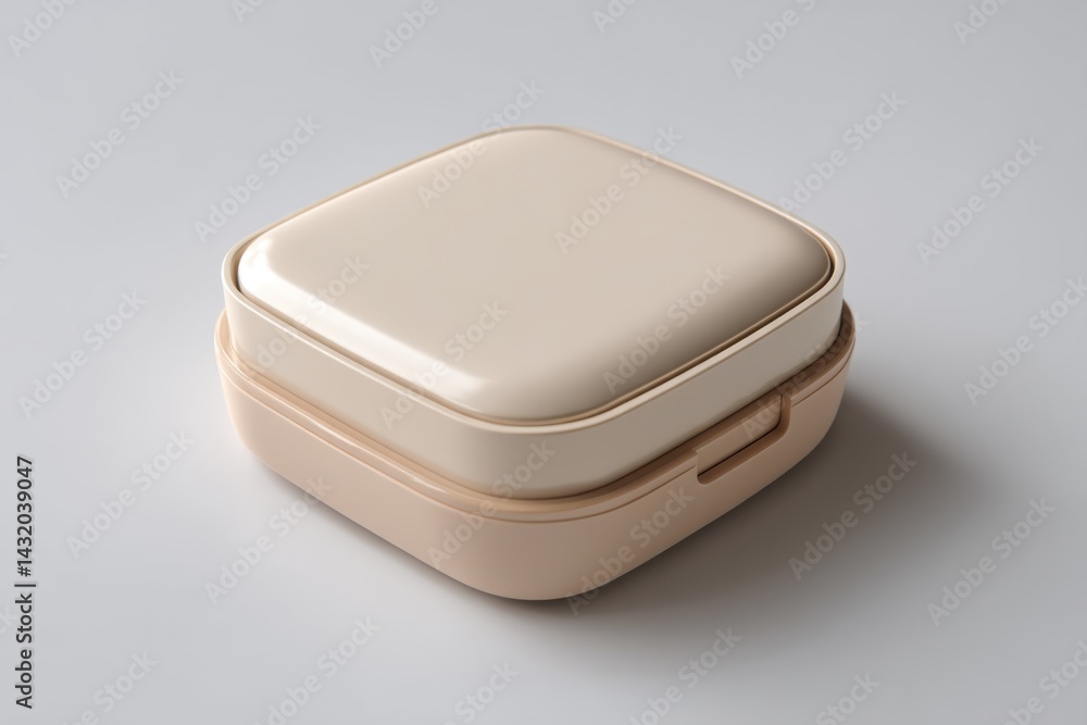 Poster a close-up studio shot captures a modern, stackable container system in soft beige tones, highlighti
