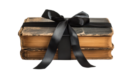 Old leather bound book wrapped with black ribbon on a transparent background