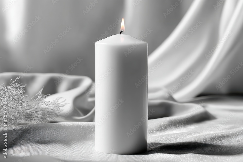 Poster elegant monochrome candle on a shimmering satin backdrop, creating a serene and peaceful ambiance wi