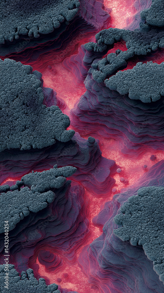 Poster Abstract texture of layered, dark-grey formations over a pink-red base, creating a unique and intricate landscape, suggestive of a microscopic view or otherworldly terrain