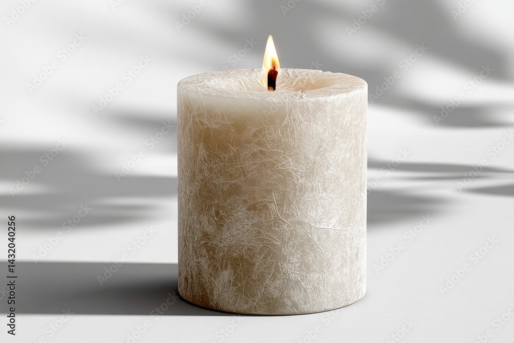Poster a textured ivory candle burning with a warm flame, casting soft shadows on a white surface, creating