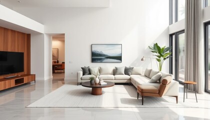 Modern living room with natural light and wooden accents