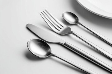 Close-up of elegant stainless steel cutlery set featuring a knife, fork and spoons, arranged on a white surface showcasing modern design and sleek lines, top view.
