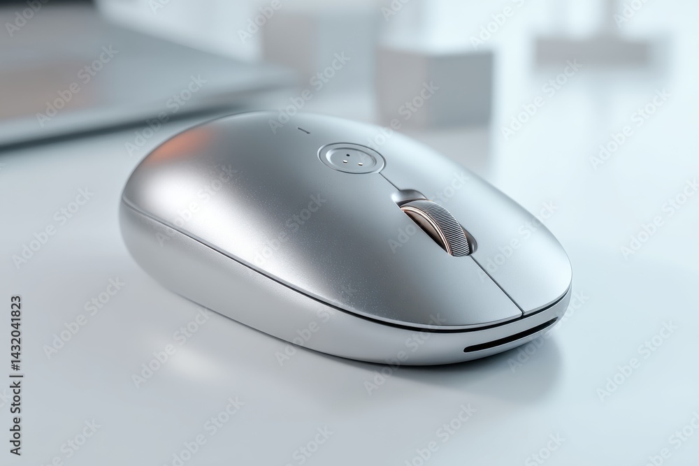 Poster close-up of a modern silver wireless computer mouse with a scroll wheel on a white surface, showcasi