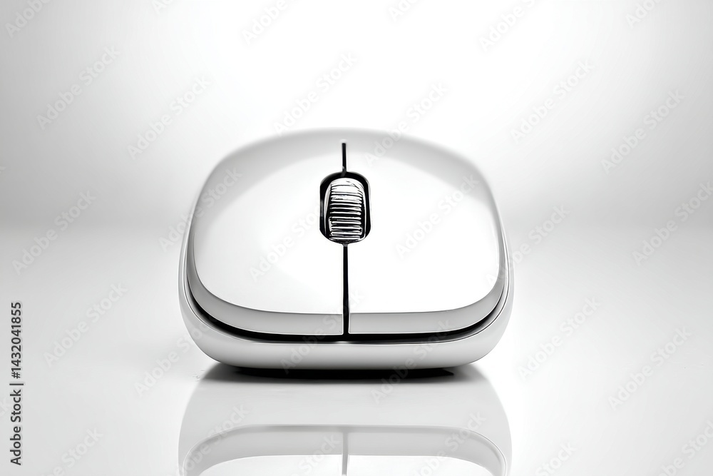 Poster a close-up studio shot of a modern white computer mouse, with sleek design elements and a reflective