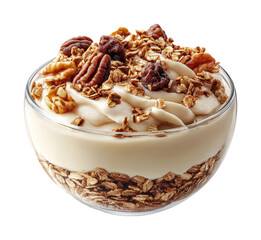Delicious yogurt parfait with granola and nuts kitchen food bright light isolated on transparent background