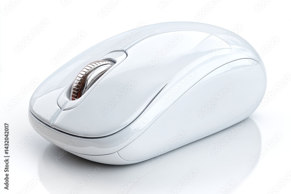 Poster a modern and ergonomic white computer mouse with a metal scroll wheel, designed for comfort and prec