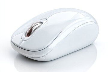 A modern and ergonomic white computer mouse with a metal scroll wheel, designed for comfort and precision, casting a subtle shadow on a clean white surface.