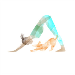 Girl doing yoga with dog, asana dog face down, watercolor, white background