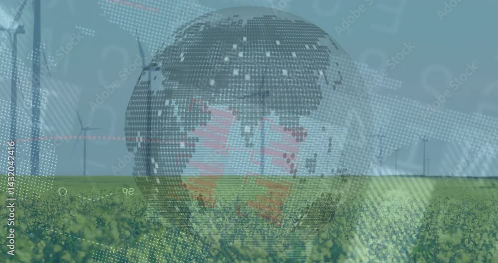 Poster globe being formed by halftone dots floating over yellow field with wind turbines showing data flow