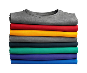 Colorful stacked t-shirts display retail store product isolated on transparent background