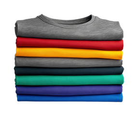 Colorful stacked t-shirts display retail store product isolated on transparent background