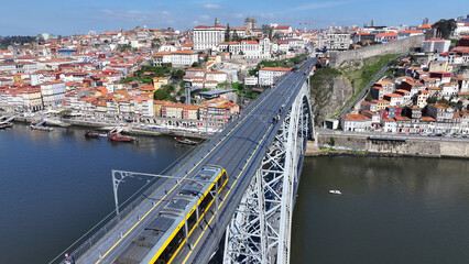 Luis I Bridge At Porto In Porto District Portugal. Downtown Cityscape. Railway Bridge. Railroad Scenery. Luis I Bridge At Porto In Portugal. Tourism Landmark.