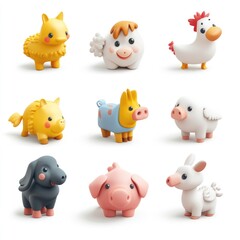 Playful, stylized farm animal figurines.