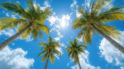 Fototapeta premium Tropical Paradise: Four Palm Trees Reaching for the Sun