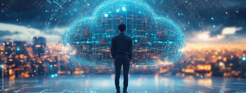 Poster someone is interacting with a sophisticated cloud platform surrounded by high-tech and futuristic el
