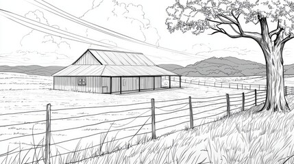 Fototapeta premium Black And White Sketch Of A Rural Barn And Fence In A Farmland