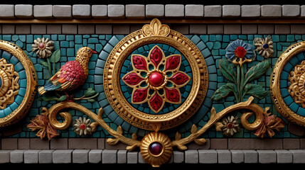 Obraz premium Bird and flower motif on golden Indian mosaic