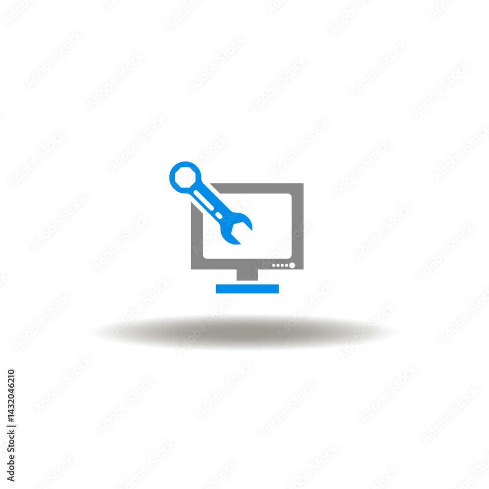Poster vector illustration of monitor computer with wrench. symbol of customize. icon of system maintenance