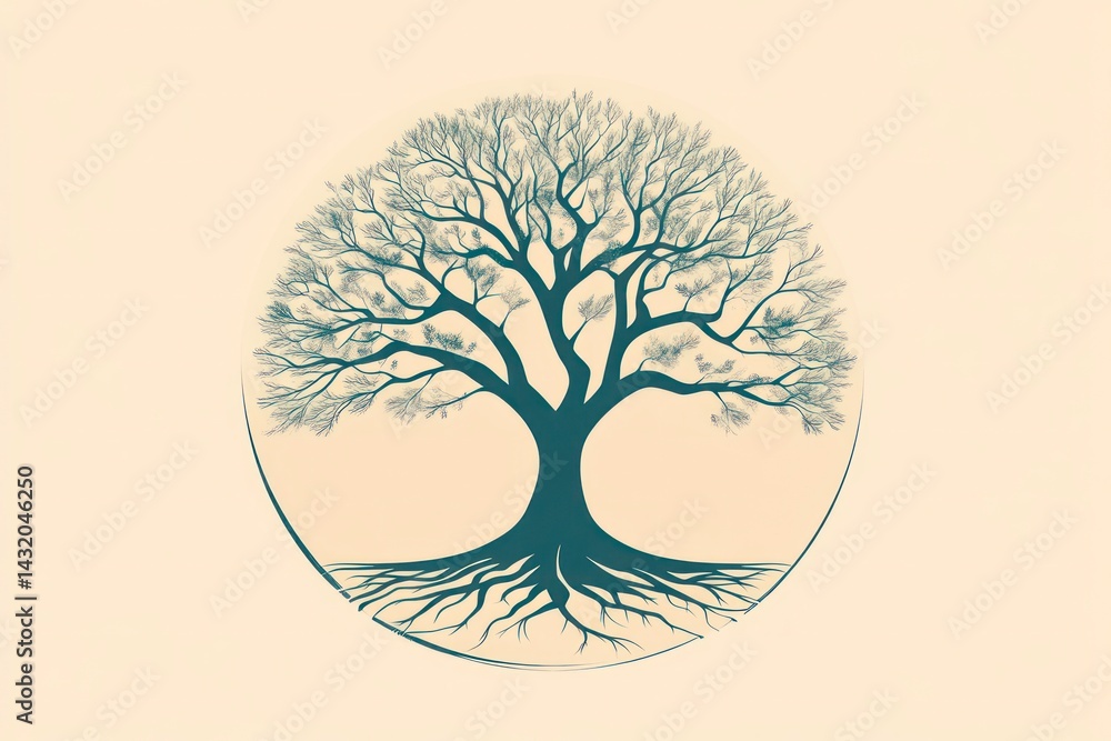 Poster tree of life silhouette with intricate branches and roots in a circular frame