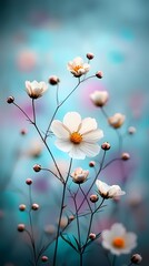 Fototapeta premium Delicate white flowers bloom against a soft, teal backdrop