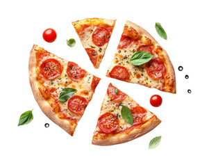 Sliced pepperoni pizza delight kitchen table food bright light isolated on transparent background