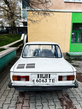 Rear view of a parked vintage car ZAZ 968 Zaporozhets in an urban environment