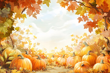 Serene Autumn Scene with Colorful Leaves and Glowing Pumpkins