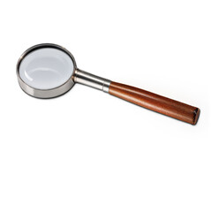 A magnifying glass with a golden rim and a wooden handle is placed on a white background, showcasing a classic design with a reflective lens.