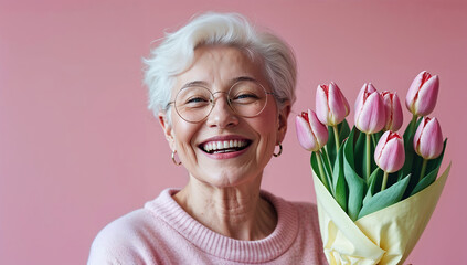 Joyful senior woman holding bouquet of pink tulips smiling brightly against pastel pink background wearing glasses and sweater